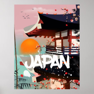 Affiche du bâtiment japonais au soleil couchant
