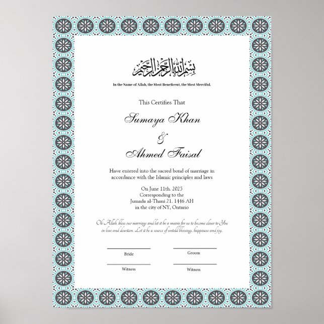 affiche du certificat de nikkah musulman bleu (Devant)