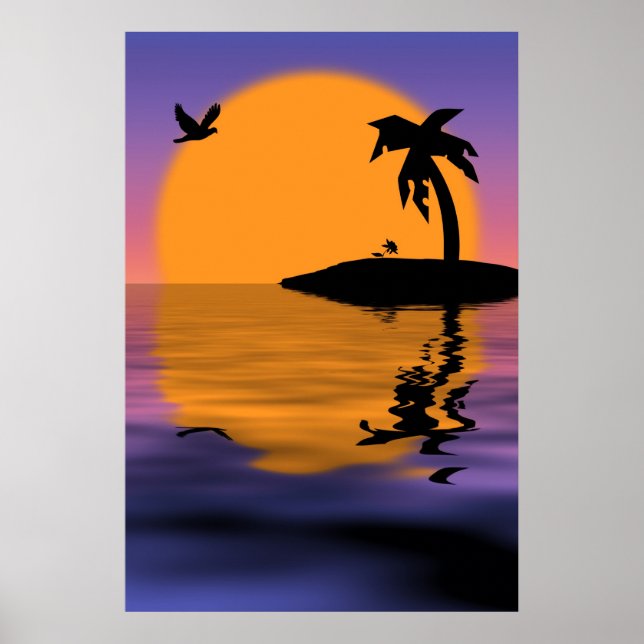 Affiche du coucher de soleil sur l'île tropicale (Devant)
