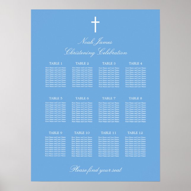 Affiche du plan de table de baptême à 12 tables bl (Devant)