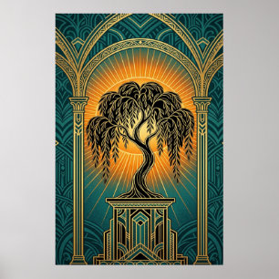 Affiche élégante Art déco Saule pleureur or et sar
