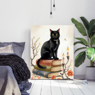 Affiche en aquarelle Chat Noir Vintage & Livres de
