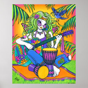 Affiche féerique hippie de guitare d'arc-en-ciel