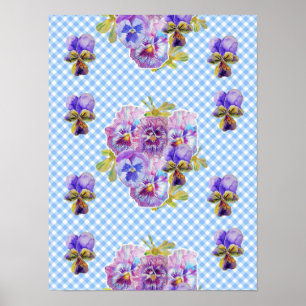 Affiche Fleur de Pensée à carreaux bleus Shabby Ch