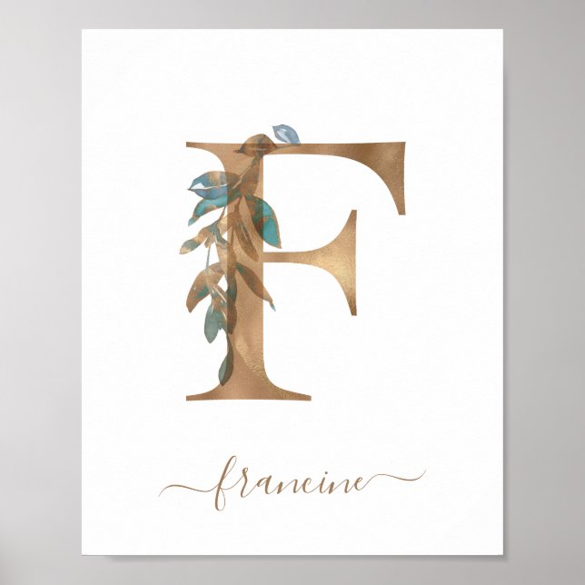 Affiche lettre F dorée florale aquarelle monogramm (Devant)
