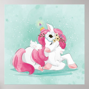 Affiche licorne avec lapins bébés