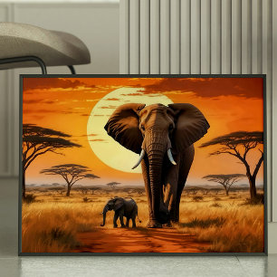 Affiche Majestic Elephant et Calf African Sunset