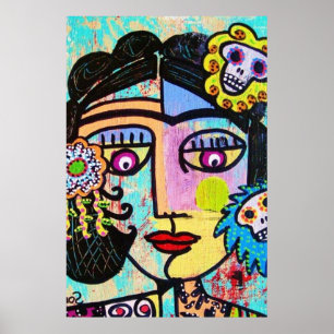 Affiche mexicaine de femme de crâne bleu vert de