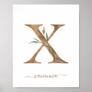 Affiche Monogramme Floral Aquarelle Lettre X Or