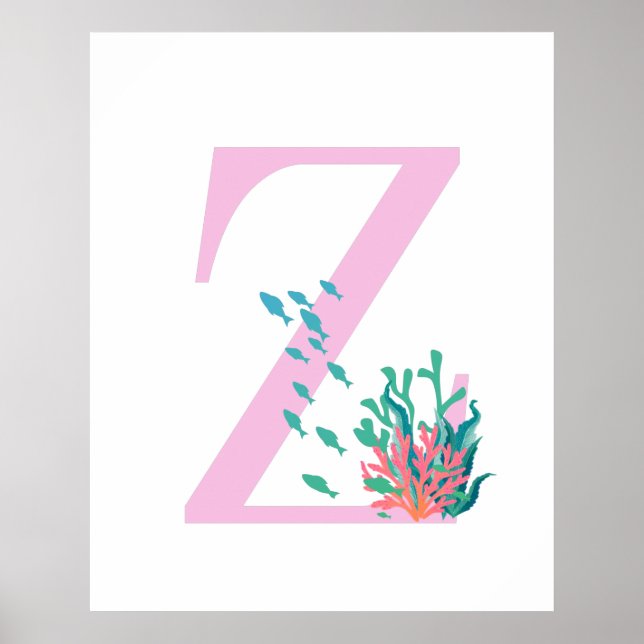 Affiche Monogramme Initiale Z Rose Turquoise Océan (Devant)
