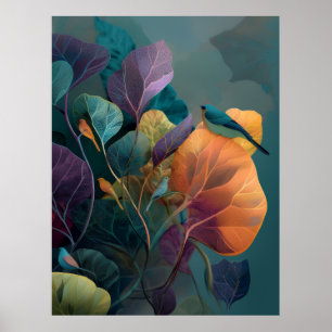 Affiche murale botanique oiseaux orange violet Des