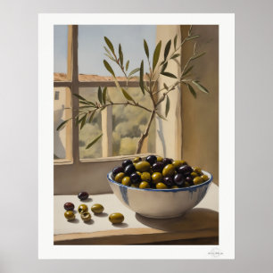 Affiche nature morte d'olives par la fenêtre