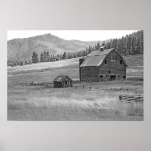 Affiche noire et blanche de paysage de grange