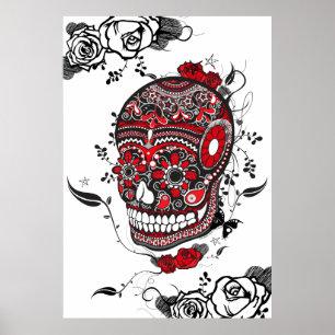 Affiche noire et rouge de crâne de sucre de Muerte