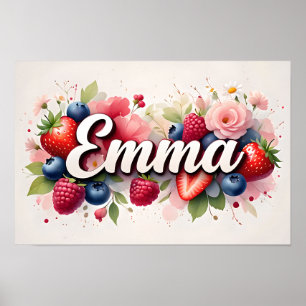 Affiche personnalisée avec nom fleuri et baies – "