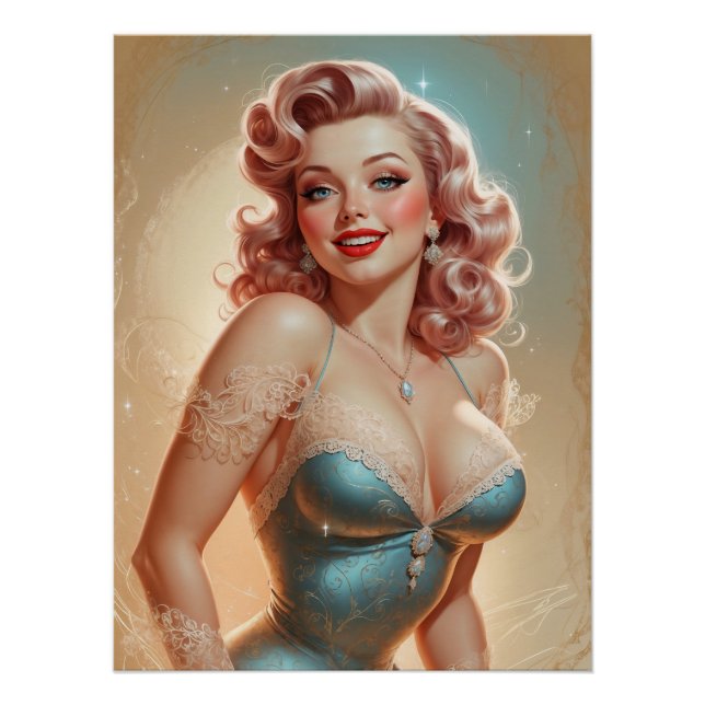 Affiche Pin-Up Blonde Glamour Robe Bleue Dentelle (Devant)