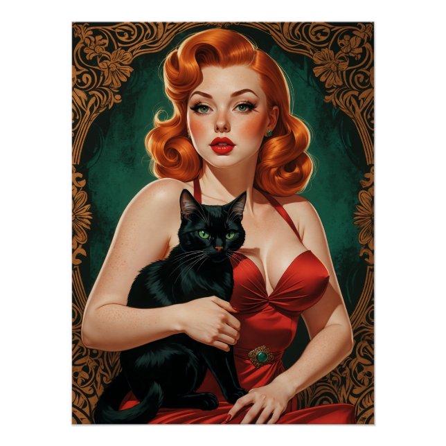 Affiche Pin-up Rousse et Chat Noir (Devant)