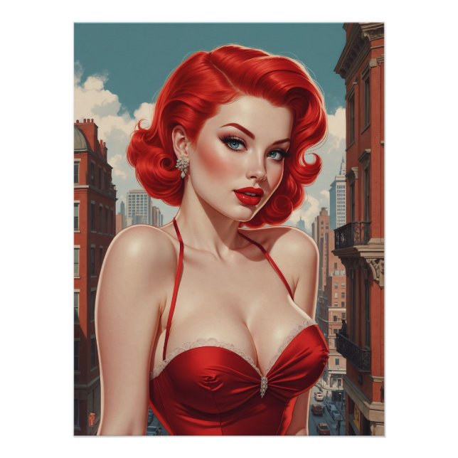 Affiche Pin-Up Rousse Sexy Fond Urbain (Devant)