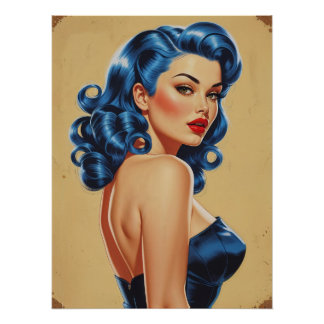 Affiche Pinup aux Cheveux Bleus en Maillot