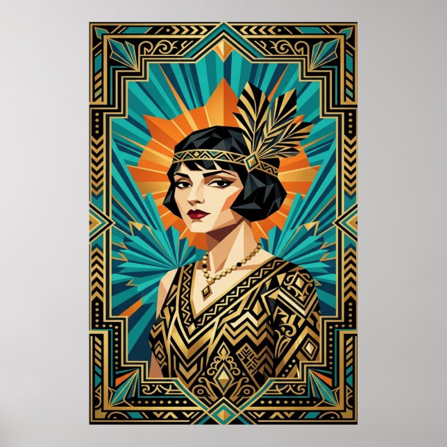 Affiche portrait de femme Flapper Art déco doré sa (Devant)