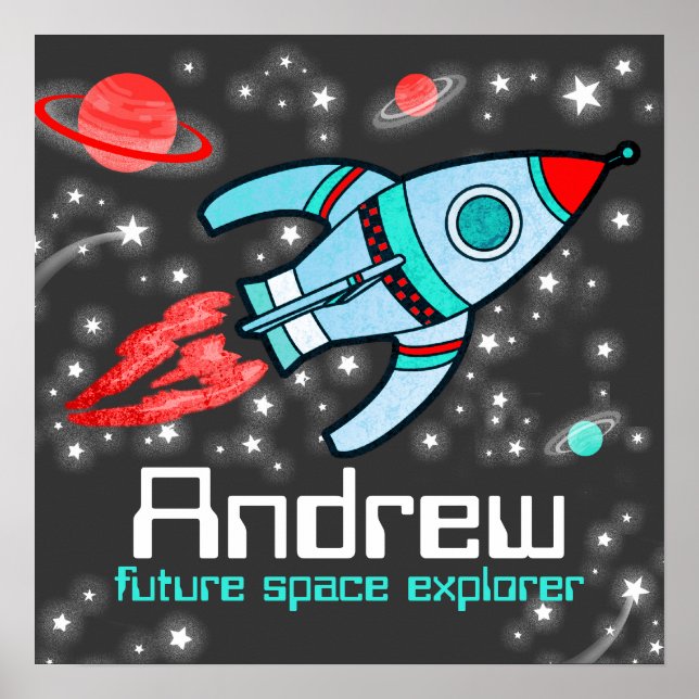 Affiche rouge gris portant le nom de rocket space  (Devant)