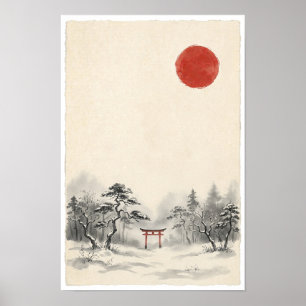 Affiche Sanctuaire Japonais dans une forêt brumeus