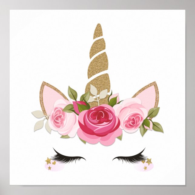 Affiche tendance licorne fleurs dorées mignonne (Devant)