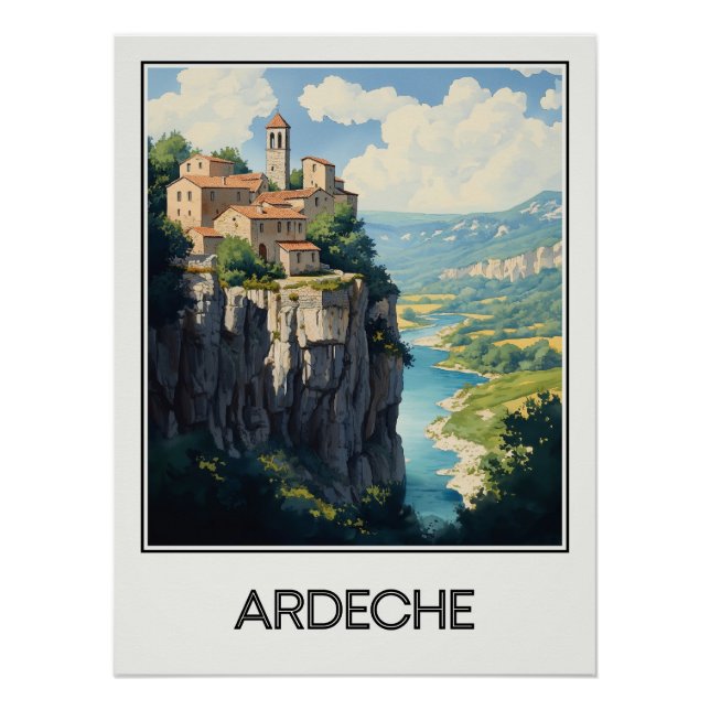 Affiche vintage Ardèche, village perché (Devant)