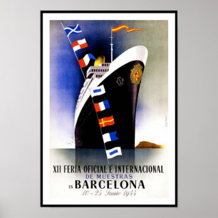 Affiche vintage de Barcelone Espagne bateau