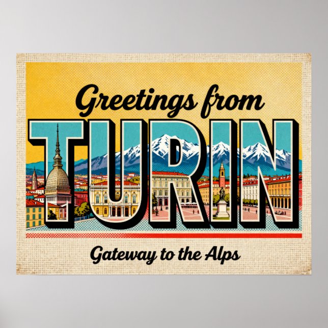 Affiche vintage de salutations de Turin (Devant)