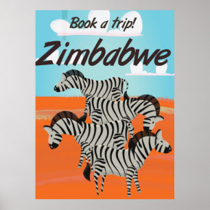 Affiche vintage de voyage de zèbre du Zimbabwe