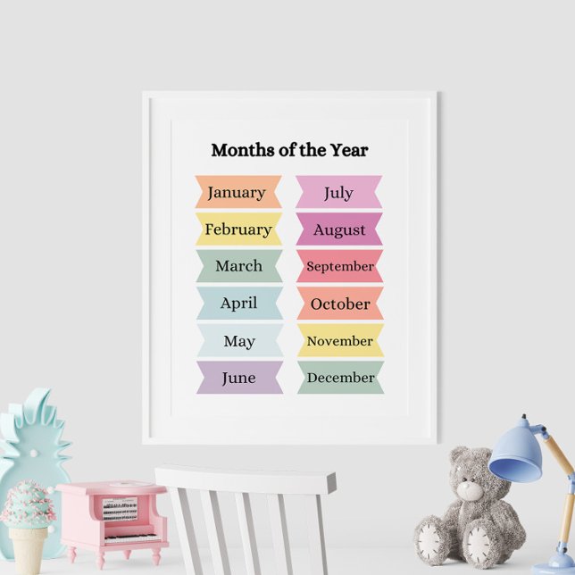 Affiches pédagogiques des mois colorés de l'année (Colorful Months of the Year Educational Poster on the wall in white frame.)