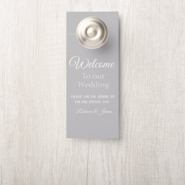 Affichette De Porte Accueil personnalisé Elegant Grey & White Mariage (Sur le bouton)
