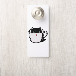 Affichette De Porte Chaton noir avec nez rouge caché dans une tasse