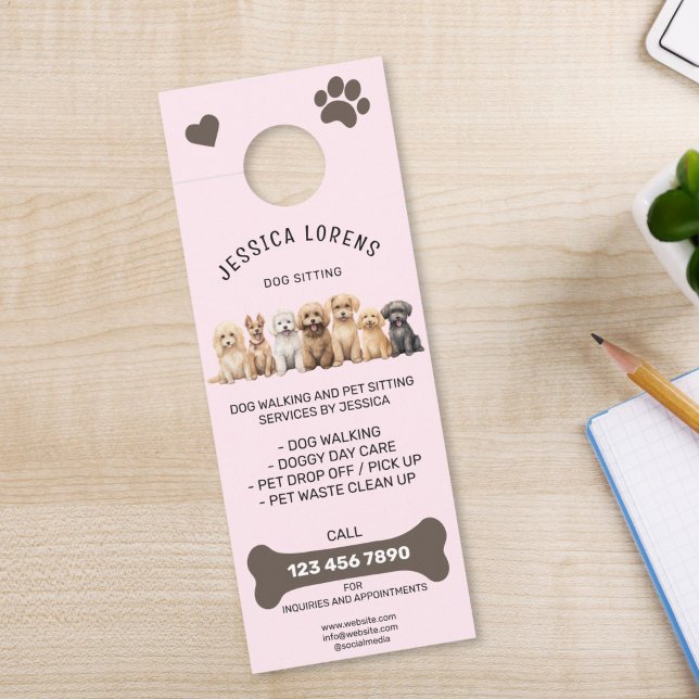 Affichette De Porte Chien mignon marchant Animaux de compagnie Chiot a (cute dogs on pink background door hanger for dog walking, pet sitting or vet)