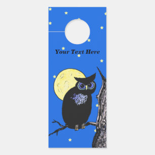 Affichette De Porte Chouette noire dans l'arbre Lune Jaune Étoiles Cie