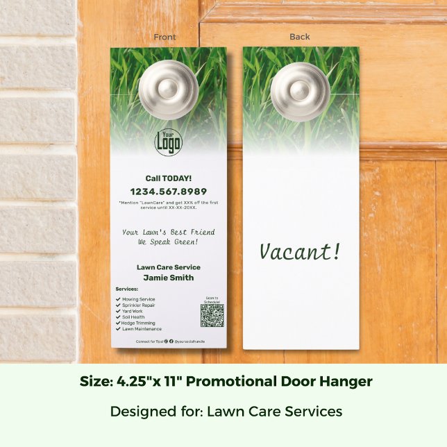 Affichette De Porte Logo promotionnel sur mesure du service d'entretie (Promotional Lawn Care Service Custom Logo Door Hanger, Image, QR, List, CTA; Size 4.25 x 11 Inch)
