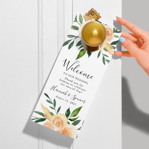 Affichette De Porte Roses Pêches   Bienvenue au mariage & Ne pas déran