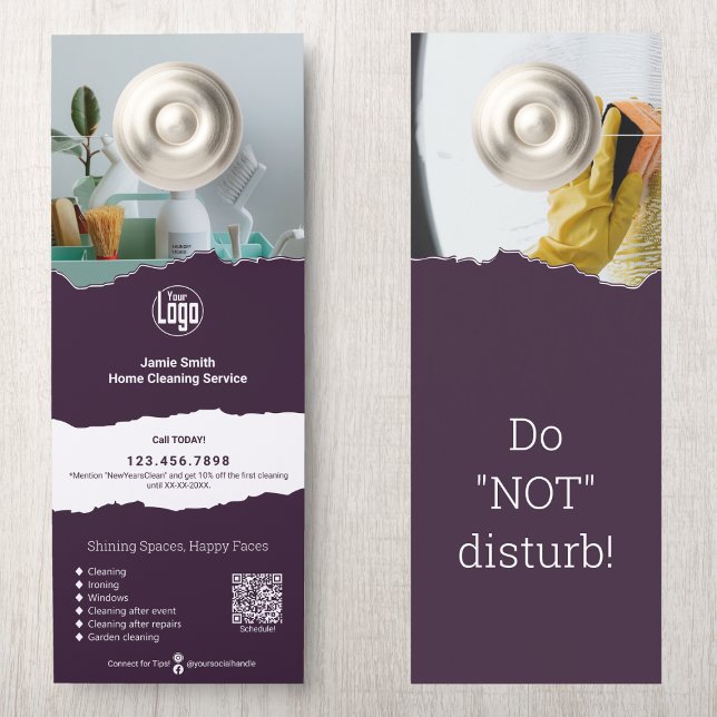 Affichette De Porte Service de nettoyage moderne Promotionnel Personna (Modern Cleaning Service Promotional Custom Door Hanger: Logo, QR code, CTA, Terms, Services, Motto)