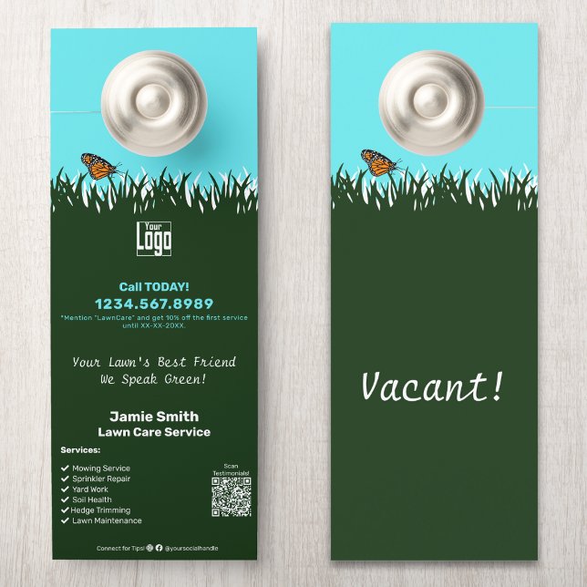 Affichette De Porte Service d'entretien des jardins sur mesure (Garden Maintenance Service Promotional Custom Door Hanger, Call to Action, QR code, Social Connect)