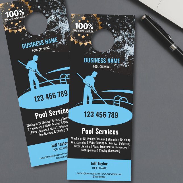 Affichette De Porte Services de nettoyage de pool Maintenance et répar (blue pool guy cleaning swimming pool, black background, door hanger flyer)