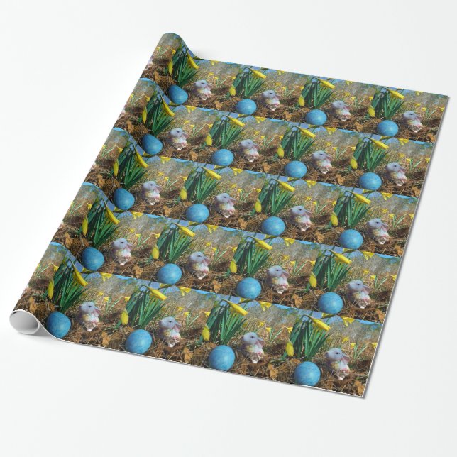Affodien und Eier aus blauem Oster Geschenkpapier (Ungerollt)