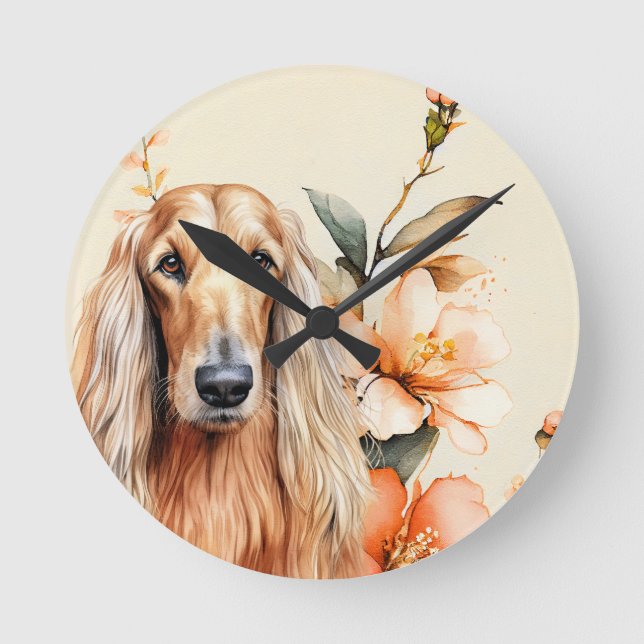 Afghan Hound Dog and Peach Lilies Runde Wanduhr (Vorderseite)