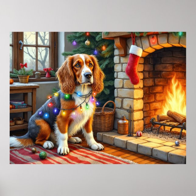 Afghan Hound Fireplace with Christmas Lights Poster (Vorne)