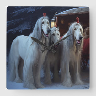 Afghan Hound Schnee Schlittenfahrt Weihnachtsdekor Quadratische Wanduhr
