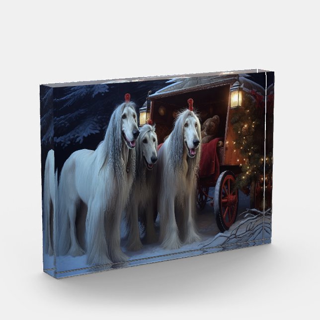 Afghan Hound Snowy Sleigh Ride Weihnachtsdekor Fotoblock (Links)
