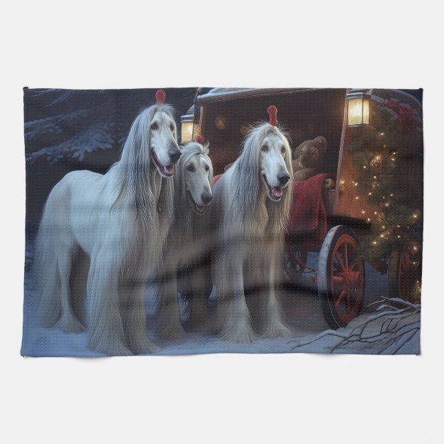 Afghan Hound Snowy Sleigh Ride Weihnachtsdekor Geschirrtuch (Horizontal)