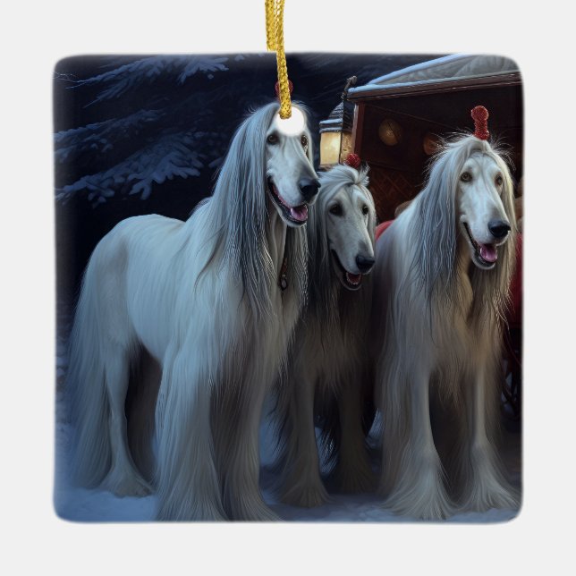 Afghan Hound Snowy Sleigh Ride Weihnachtsdekor Keramikornament (Vorderseite)