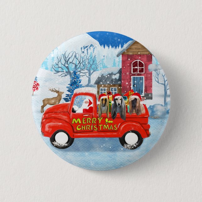 Afghanische Hunde Hund in Weihnachten Lkw Schnee Button (Vorderseite)
