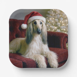 Afghanischer Hund, der einen Weihnachtshut trägt Pappteller